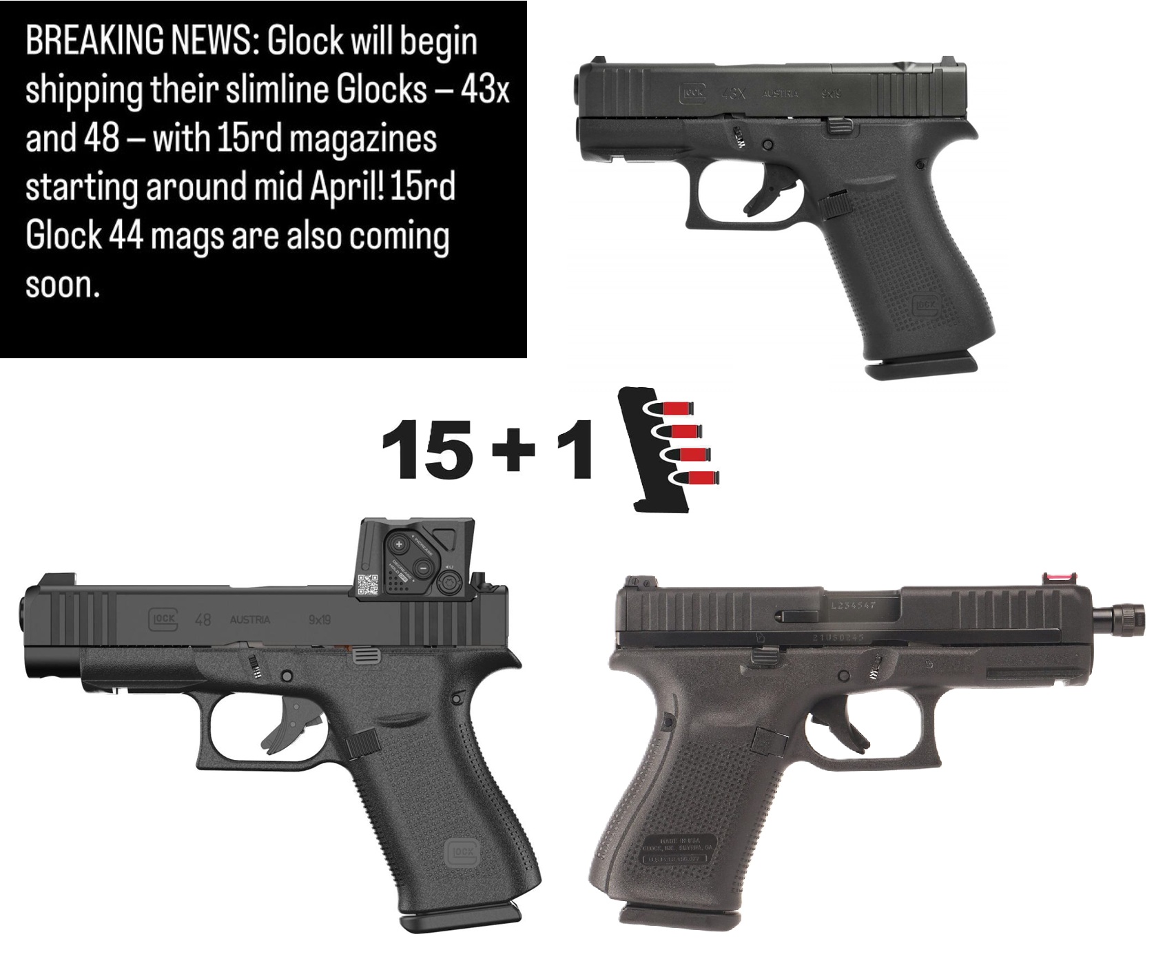 15-lőszeres gyári tárak a GLOCK 43X, 48, 44 típusokhoz